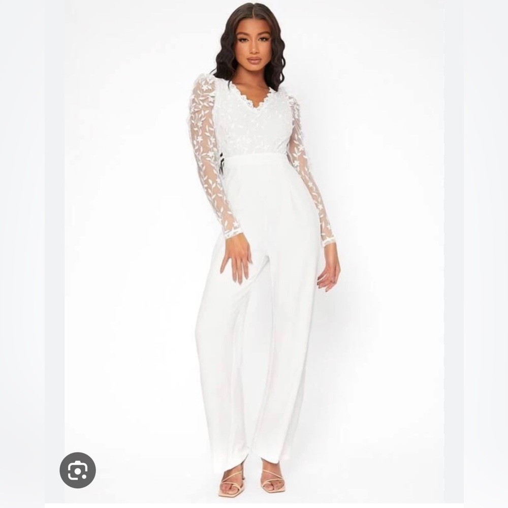 SHEIN Tall Floral Embroidered Mesh Bodice Tie Backless Jumpsuit
